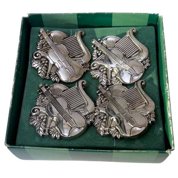 Vintage Bombay Napkin Rings Set of Four Holly Violin Godinger Silver Tone - Picture 1 of 8